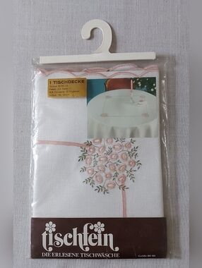 NOS Vintage Tischfein German Tablecloth - Pink Floral Embroidery - 80x80cm - NIP